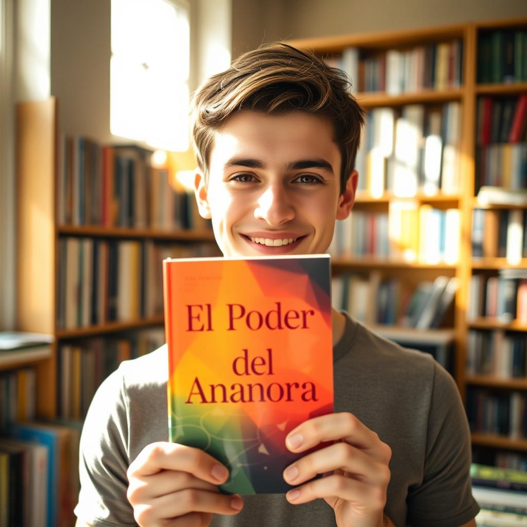 A young man holding a book titled 'El Poder del Ahora' up to the front camera, smiling confidently