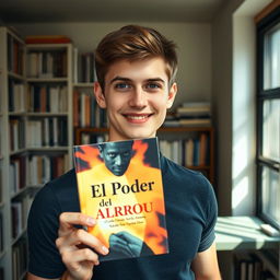 A young man holding a book titled 'El Poder del Ahora' up to the front camera, smiling confidently