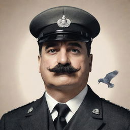 Revise the initial image by adding a distinct mustache to the pigeon dictator, further emphasizing his authoritarian stance.