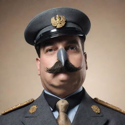 Revise the initial image by adding a distinct mustache to the pigeon dictator, further emphasizing his authoritarian stance.