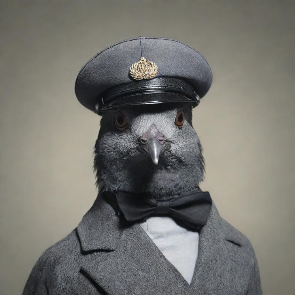 Revise the initial image by adding a distinct mustache to the pigeon dictator, further emphasizing his authoritarian stance.