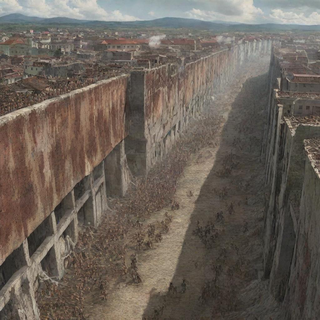 Detailed depiction of Shiganshina District from Attack on Titan under attack, with titans breaching the wall, military forces in action, and distressed civilians.