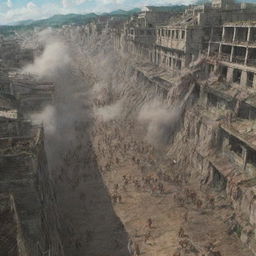 Detailed depiction of Shiganshina District from Attack on Titan under attack, with titans breaching the wall, military forces in action, and distressed civilians.