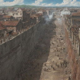 Detailed depiction of Shiganshina District from Attack on Titan under attack, with titans breaching the wall, military forces in action, and distressed civilians.