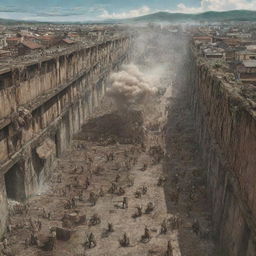 Detailed depiction of Shiganshina District from Attack on Titan under attack, with titans breaching the wall, military forces in action, and distressed civilians.