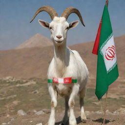 A noble goat standing proudly with the Iranian flag draped on its back and 'GOATIRAN' inscribed on the lower part of the image