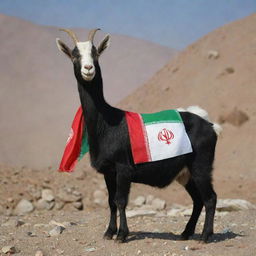 A noble goat standing proudly with the Iranian flag draped on its back and 'GOATIRAN' inscribed on the lower part of the image