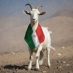 A noble goat standing proudly with the Iranian flag draped on its back and 'GOATIRAN' inscribed on the lower part of the image