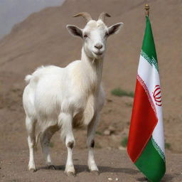 A noble goat standing proudly with the Iranian flag draped on its back and 'GOATIRAN' inscribed on the lower part of the image