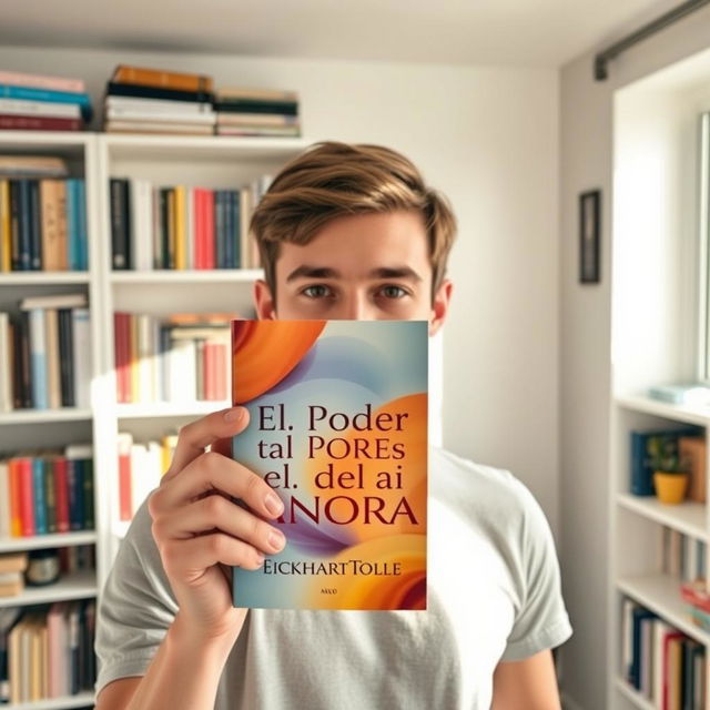 A young man holding a book titled 'El Poder del Ahora' by Eckhart Tolle up to the front camera, smiling warmly