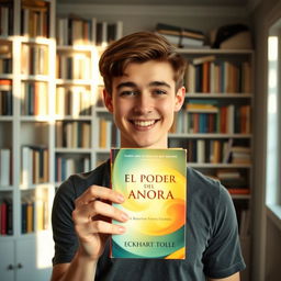 A young man holding a book titled 'El Poder del Ahora' by Eckhart Tolle up to the front camera, smiling warmly