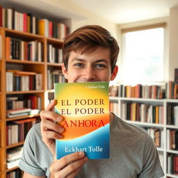 A young man holding a book titled 'El Poder del Ahora' by Eckhart Tolle up to the front camera, smiling warmly