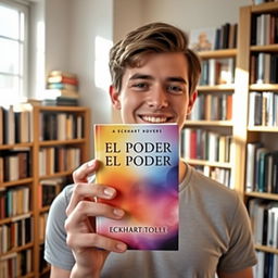 A young man holding a book titled 'El Poder del Ahora' by Eckhart Tolle up to the front camera, smiling warmly