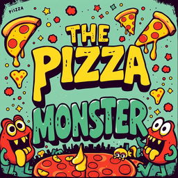 A vibrant and eye-catching poster featuring the title 'THE PIZZA MONSTER' prominently displayed in a bold, retro-style font