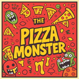 A vibrant and eye-catching poster featuring the title 'THE PIZZA MONSTER' prominently displayed in a bold, retro-style font