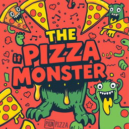 A vibrant and eye-catching poster featuring the title 'THE PIZZA MONSTER' prominently displayed in a bold, retro-style font