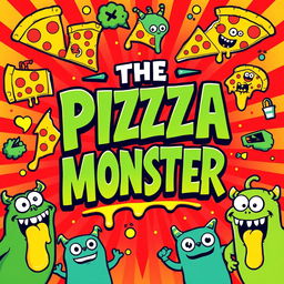 A vibrant and eye-catching poster featuring the title 'THE PIZZA MONSTER' prominently displayed in a bold, retro-style font