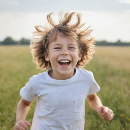 A playful young boy with sparkling eyes and shaggy hair, laughing as he runs through a field under the bright and clear afternoon sky.