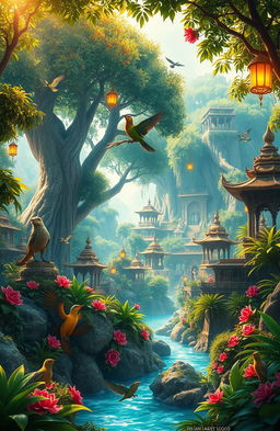 A vibrant and enchanting fantasy jungle kingdom, filled with lush, towering trees and exotic plants