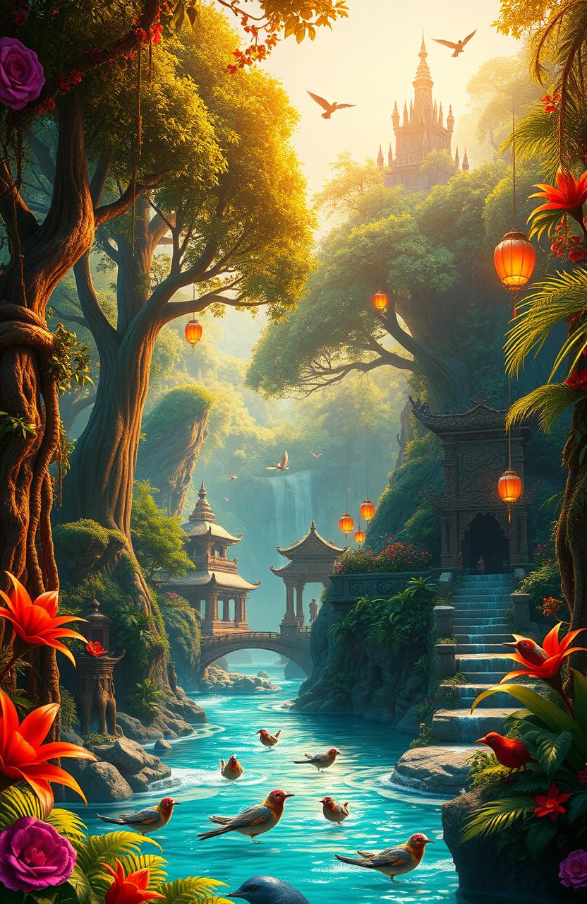 A vibrant and enchanting fantasy jungle kingdom, filled with lush, towering trees and exotic plants