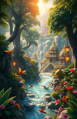 A vibrant and enchanting fantasy jungle kingdom, filled with lush, towering trees and exotic plants