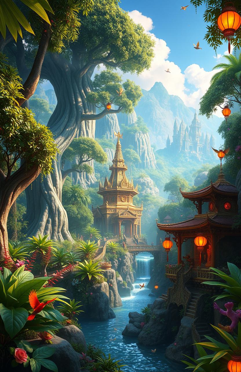 A vibrant and enchanting fantasy jungle kingdom, filled with lush, towering trees and exotic plants