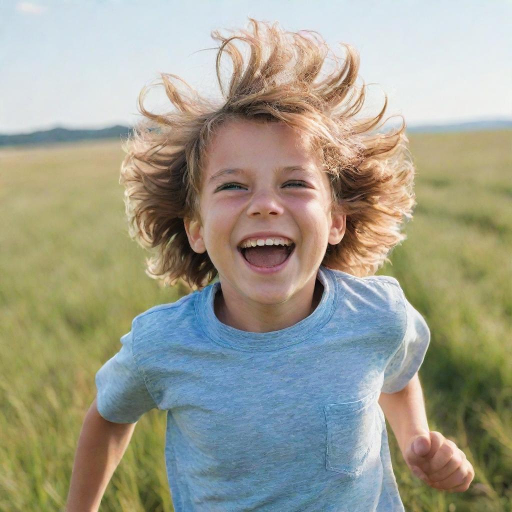 A playful young boy with sparkling eyes and shaggy hair, laughing as he runs through a field under the bright and clear afternoon sky.