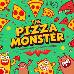 A vibrant and eye-catching poster featuring the title 'THE PIZZA MONSTER' prominently displayed in a vintage retro font style