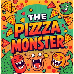 A vibrant and eye-catching poster featuring the title 'THE PIZZA MONSTER' prominently displayed in a vintage retro font style