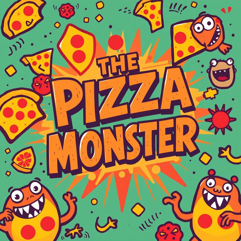 A vibrant and eye-catching poster featuring the title 'THE PIZZA MONSTER' prominently displayed in a vintage retro font style