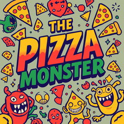 A vibrant and eye-catching poster featuring the title 'THE PIZZA MONSTER' prominently displayed in a vintage retro font style