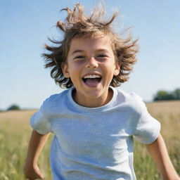 A playful young boy with sparkling eyes and shaggy hair, laughing as he runs through a field under the bright and clear afternoon sky.