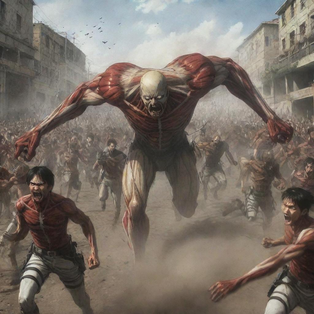 Thrilling scene of numerous people being chased by abnormal Titans from Attack on Titan, illustrating fear and chaos.