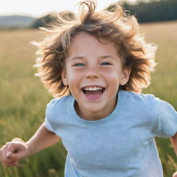 A playful young boy with sparkling eyes and shaggy hair, laughing as he runs through a field under the bright and clear afternoon sky.