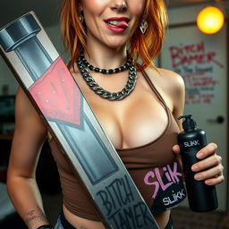 A close-up shot focusing on the chest and torso of a sexy female redhead wearing a fitted tank top adorned with punk chains