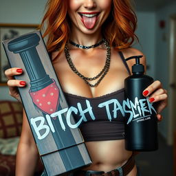 A close-up shot focusing on the chest and torso of a sexy female redhead wearing a fitted tank top adorned with punk chains