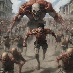 Thrilling scene of numerous people being chased by abnormal Titans from Attack on Titan, illustrating fear and chaos.