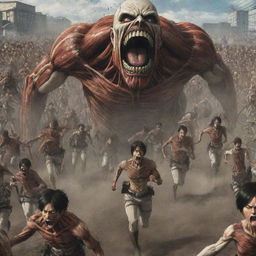 Thrilling scene of numerous people being chased by abnormal Titans from Attack on Titan, illustrating fear and chaos.