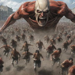 Thrilling scene of numerous people being chased by abnormal Titans from Attack on Titan, illustrating fear and chaos.