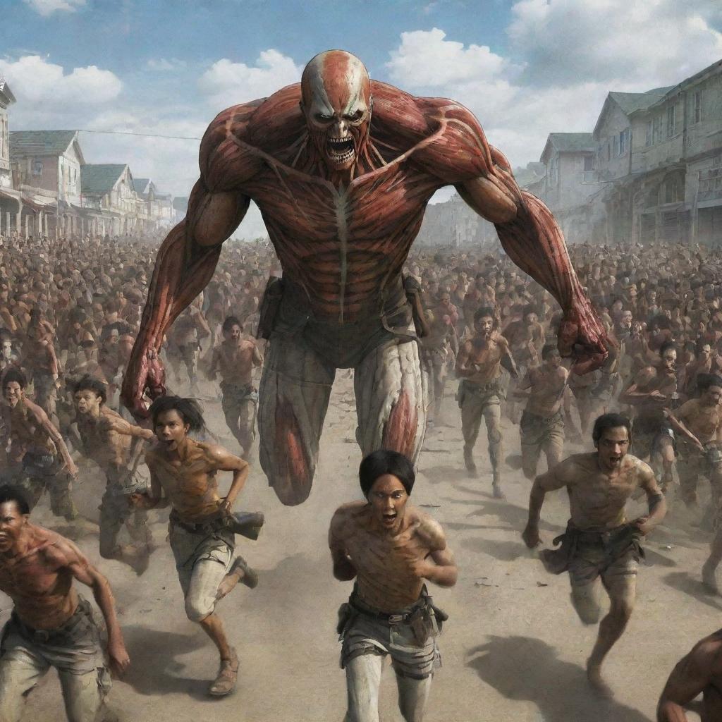 Intense scene of numerous people being chased by abnormal Titans from Attack on Titan, where the Titans have distinct brown skin.