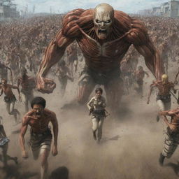 Intense scene of numerous people being chased by abnormal Titans from Attack on Titan, where the Titans have distinct brown skin.