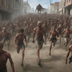 Intense scene of numerous people being chased by abnormal Titans from Attack on Titan, where the Titans have distinct brown skin.