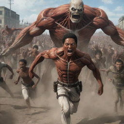 Intense scene of numerous people being chased by abnormal Titans from Attack on Titan, where the Titans have distinct brown skin.