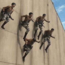 Dramatic moment where members of the Survey Corps suddenly leap from the wall, using their maneuvering gear, in the middle of the attack by the brown-skinned abnormal Titans in Attack on Titan.