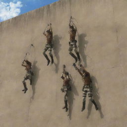 Dramatic moment where members of the Survey Corps suddenly leap from the wall, using their maneuvering gear, in the middle of the attack by the brown-skinned abnormal Titans in Attack on Titan.