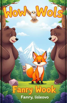 A whimsical cartoon book cover featuring a scenic forest background, showcasing a pack of wolves majestically standing in the distance