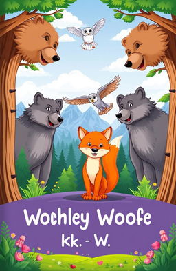 A whimsical cartoon book cover featuring a scenic forest background, showcasing a pack of wolves majestically standing in the distance