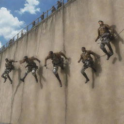 Dramatic moment where members of the Survey Corps suddenly leap from the wall, using their maneuvering gear, in the middle of the attack by the brown-skinned abnormal Titans in Attack on Titan.