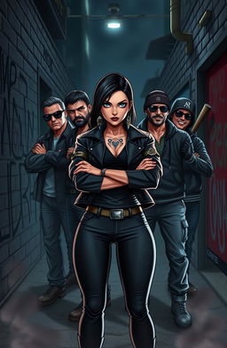 A bold and fierce female character named Zee, standing confidently at the forefront with a group of five rugged, intimidating criminal brothers behind her