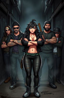 A bold and fierce female character named Zee, standing confidently at the forefront with a group of five rugged, intimidating criminal brothers behind her